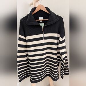 NWT H&M Women's Rib Knit Half Zip Striped Pullover Sweater In Black & White